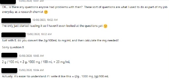 Screenshot of a Webex chat showing students assisting each other by troubleshooting the answers to a problem posed in the lab.